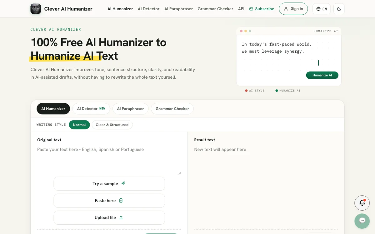 Clever Ai Humanizer Free AI Tool Interface & Workspace Preview
