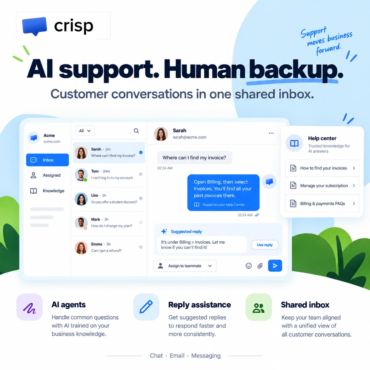 Crisp AI customer live chat and automated support bot