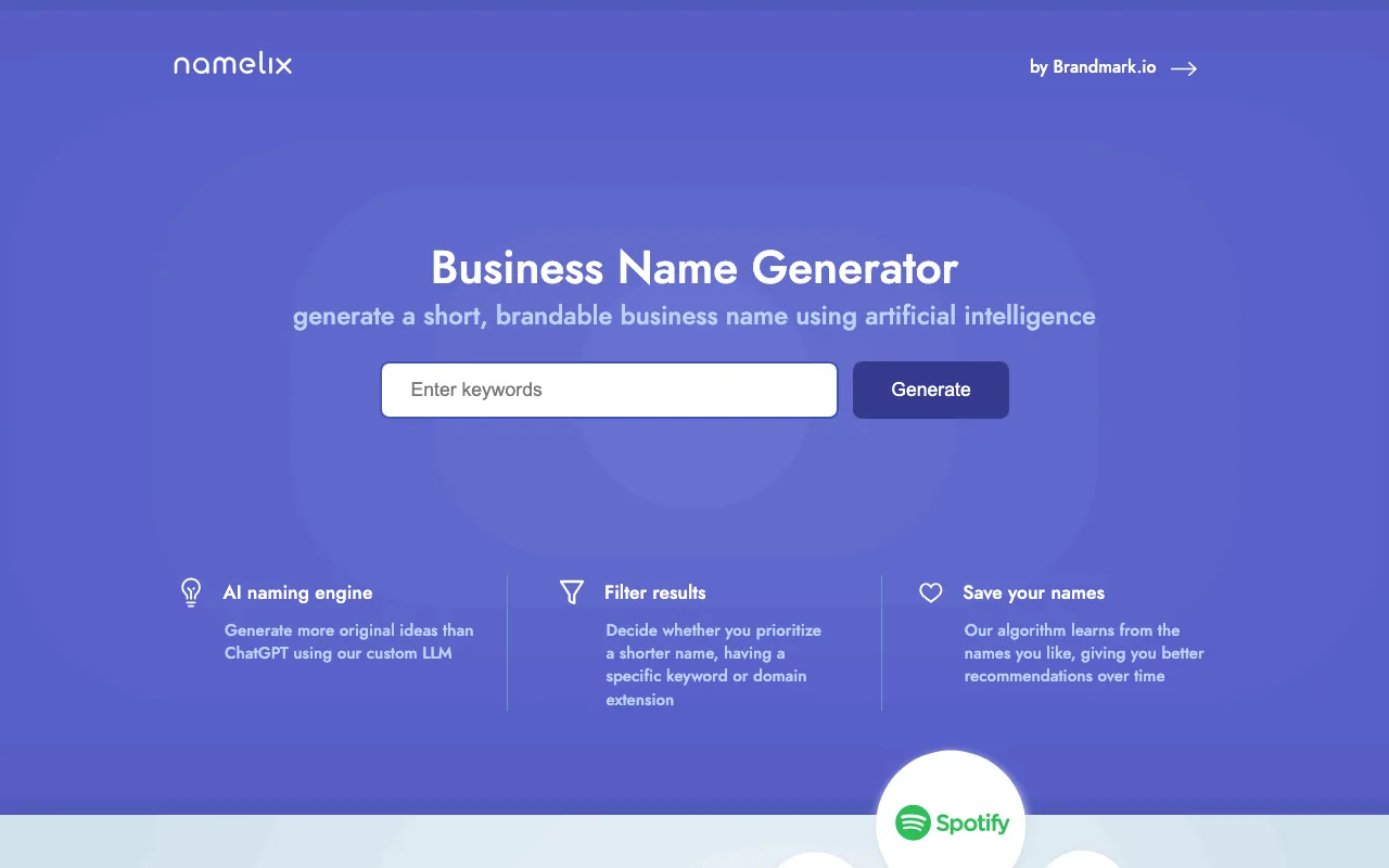 Namelix user interface and dashboard demonstration