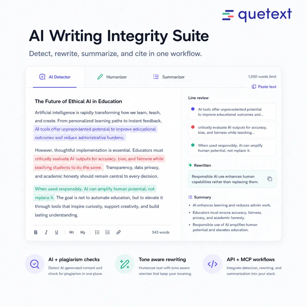 Quetext user interface and dashboard demonstration